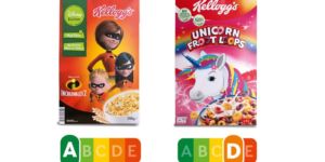 Kellogg`s Incredible 2 / Kellogg`s Unicorn Froot Loops
Beide Frühstücksflocken von Kellogg’s werden mit bunten Bildern an Kinder beworben – doch die Inhaltsstoffe unterscheiden sich deutlich. Bei fast gleicher Kalorienanzahl enthalten die Froot Loops deutlich mehr Zucker und Salz und deutlich weniger Ballaststoffe als das mit Disney- Figuren beworbene Produkt.