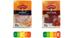 Gutfried Putenbrust / Gutfried Putensalami
Die Puten-Salami enthielt über 18 Mal so viel gesättigte Fettsäuren und drei Mal so viele Kalorien wie die Putenbrust von Gutfried, auch der Salzgehalt ist deutlich höher – der Nutri- Score erleichtert auch hier die gesündere Wahl.