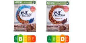 Nestlé Fitness Vollkornflakes / Nestlé Fitness Flakes Chocolate
Beide Produkte werben mit „Fitness“ und geben sich somit einen gesunden Anstrich – der Nutri- Score zeigt jedoch, dass Figurbewusste von der Schokoladen-Variante besser die Finger lassen sollten. Der deutlich höhere Gehalt an Zucker und gesättigten Fettsäuren führt zum schlechteren Nutri-Score.