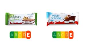 Ferrero Joghurtschnitte / Ferrero Milchschnitte
Das Verpackungsdesign der „Joghurt-Schnitte“ von Ferrero lässt einen leichten Snack vermuten – der Nutri-Score zeigt, dass sie genauso wie die Milchschnitte in Wahrheit eine Zucker-Fett- Bombe ist.
