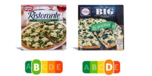 Dr. Oetker Ristorante Pizza Spinaci / Wagner (Nestle) Big Pizza Boston Spinat
Spinat-Pizza gleich Spinat-Pizza? Weit gefehlt. Die Ristorante Pizza von Dr. Oetker enthält weniger Fett, weniger Salz, weniger Kalorien und deutlich mehr Gemüse als die Big Pizza Boston von Wagner. Mit dem Nutri-Score lässt sich das ausgewogenere Produkt sofort erkennen.